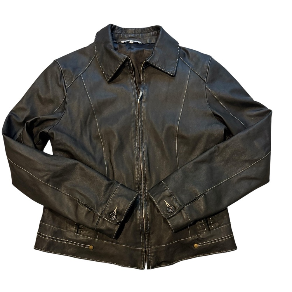CABI Black Leather Jacket With Contrast Top Stitching (runs very small) - Picture 8 of 15